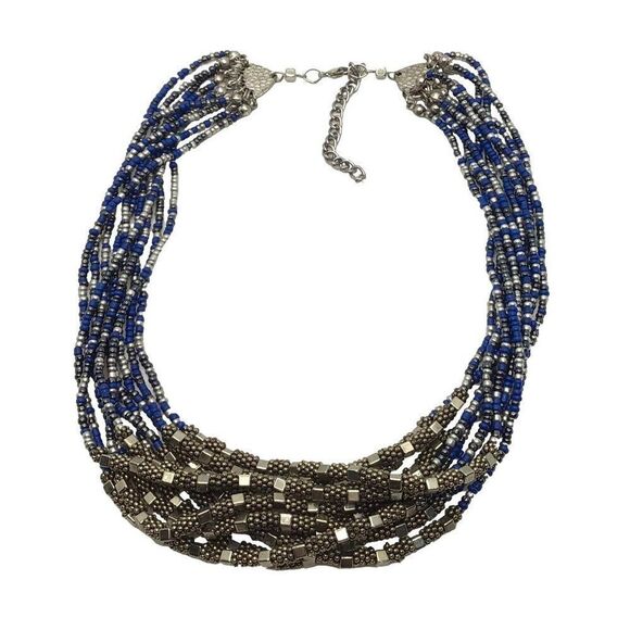Torsade Necklace Multi Strand Blue Gray Silver Tone Beads Adjustable Length - Picture 2 of 3